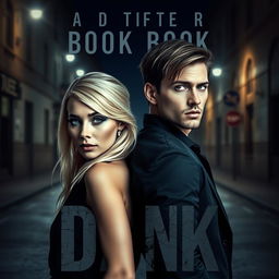 A book cover design featuring a blonde woman with blue eyes and a brown-haired man with green eyes, both standing back to back