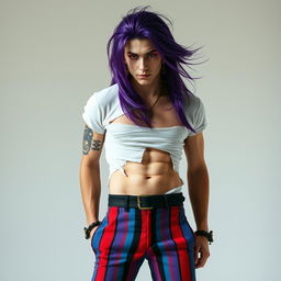 A captivating male figure with fair skin and long flowing purple hair, styled dramatically