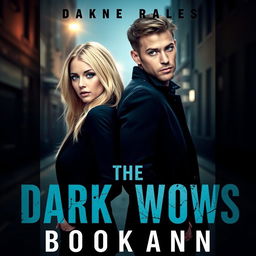 A book cover design featuring a blonde woman with blue eyes and a brown-haired man with green eyes, both standing back to back