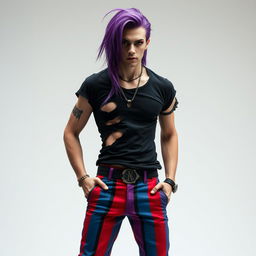 A captivating male figure with fair skin and long flowing purple hair, styled dramatically