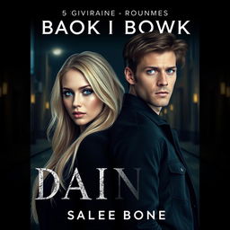 A book cover design featuring a blonde woman with blue eyes and a brown-haired man with green eyes, both standing back to back