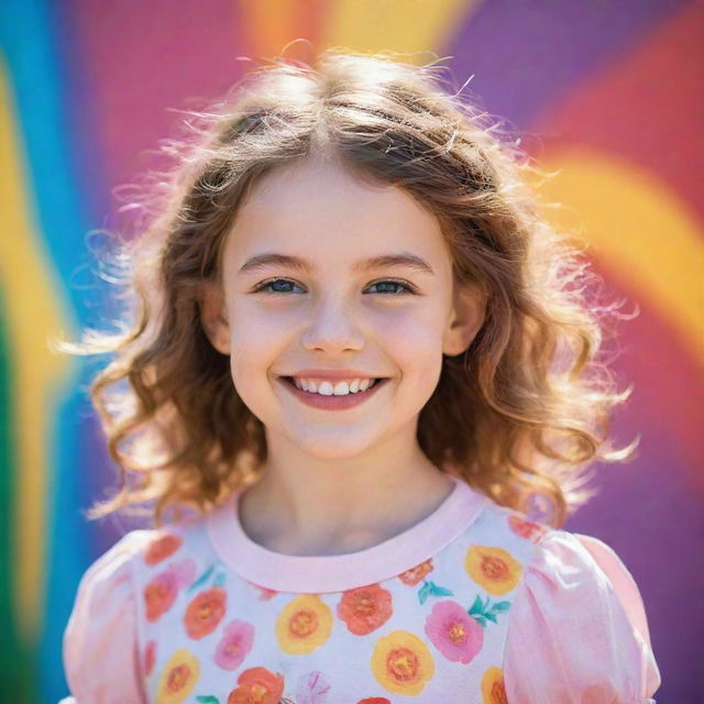 A whimsical portrait of a young girl with sparkling eyes and a bright, cheerful smile. She is styled in a fashionable outfit, standing against a vibrant, sunny background.