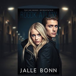 A book cover design featuring a blonde woman with blue eyes and a brown-haired man with green eyes, both standing back to back