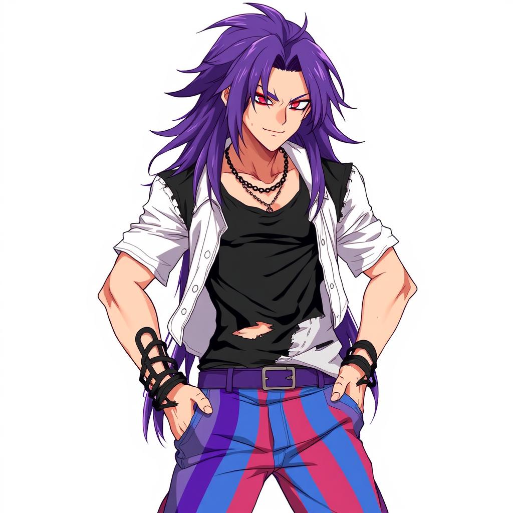 An anime-style male character with fair skin and long, flowing purple hair, styled dramatically