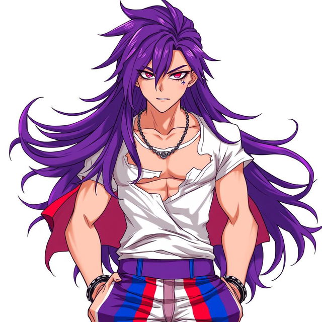 An anime-style male character with fair skin and long, flowing purple hair, styled dramatically