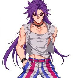 An anime-style male character with fair skin and long, flowing purple hair, styled dramatically