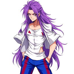 An anime-style male character with fair skin and long, flowing purple hair, styled dramatically