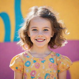 A whimsical portrait of a young girl with sparkling eyes and a bright, cheerful smile. She is styled in a fashionable outfit, standing against a vibrant, sunny background.