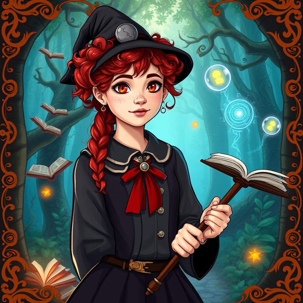 A 13-year-old girl with vibrant red curly hair, a freckled face, and striking scarlet eyes, wearing a classic witch academy uniform with magical symbols