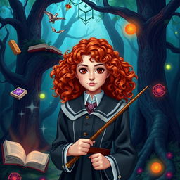 A 13-year-old girl with vibrant red curly hair, a freckled face, and striking scarlet eyes, wearing a classic witch academy uniform with magical symbols