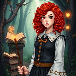 A 13-year-old girl with vibrant red curly hair, a freckled face, and striking scarlet eyes, wearing a classic witch academy uniform with magical symbols