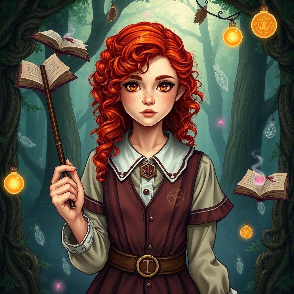 A 13-year-old girl with vibrant red curly hair, a freckled face, and striking scarlet eyes, wearing a classic witch academy uniform with magical symbols