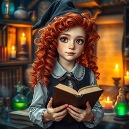 A young girl with vibrant red curly hair, her face adorned with cute freckles and expressive scarlet eyes, wearing a stylish witch academy uniform