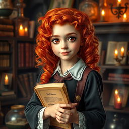 A young girl with vibrant red curly hair, her face adorned with cute freckles and expressive scarlet eyes, wearing a stylish witch academy uniform