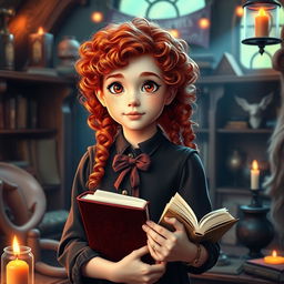 A young girl with vibrant red curly hair, her face adorned with cute freckles and expressive scarlet eyes, wearing a stylish witch academy uniform