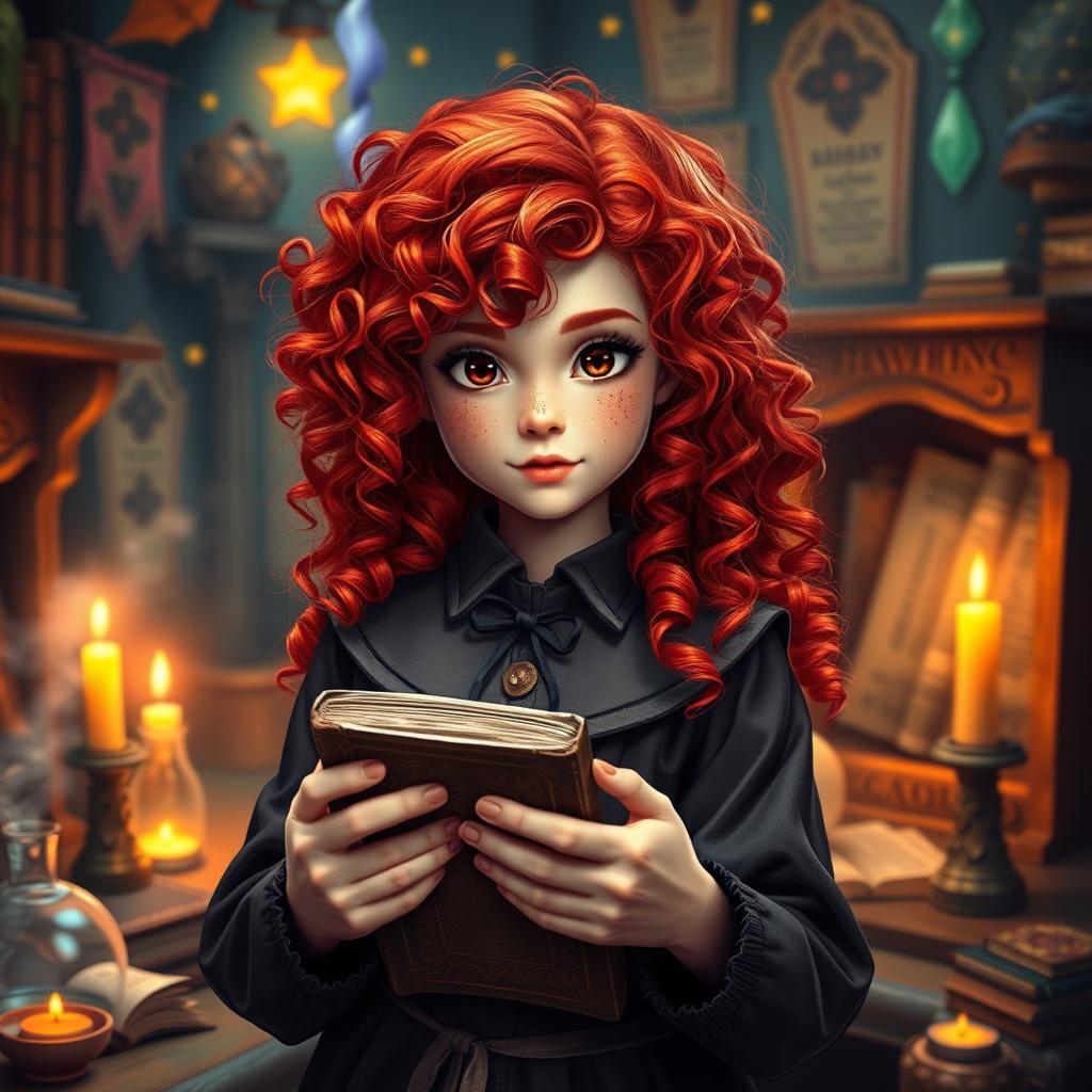 A young girl with vibrant red curly hair, her face adorned with cute freckles and expressive scarlet eyes, wearing a stylish witch academy uniform