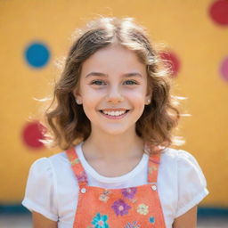 A whimsical portrait of a young girl with sparkling eyes and a bright, cheerful smile. She is styled in a fashionable outfit, standing against a vibrant, sunny background.