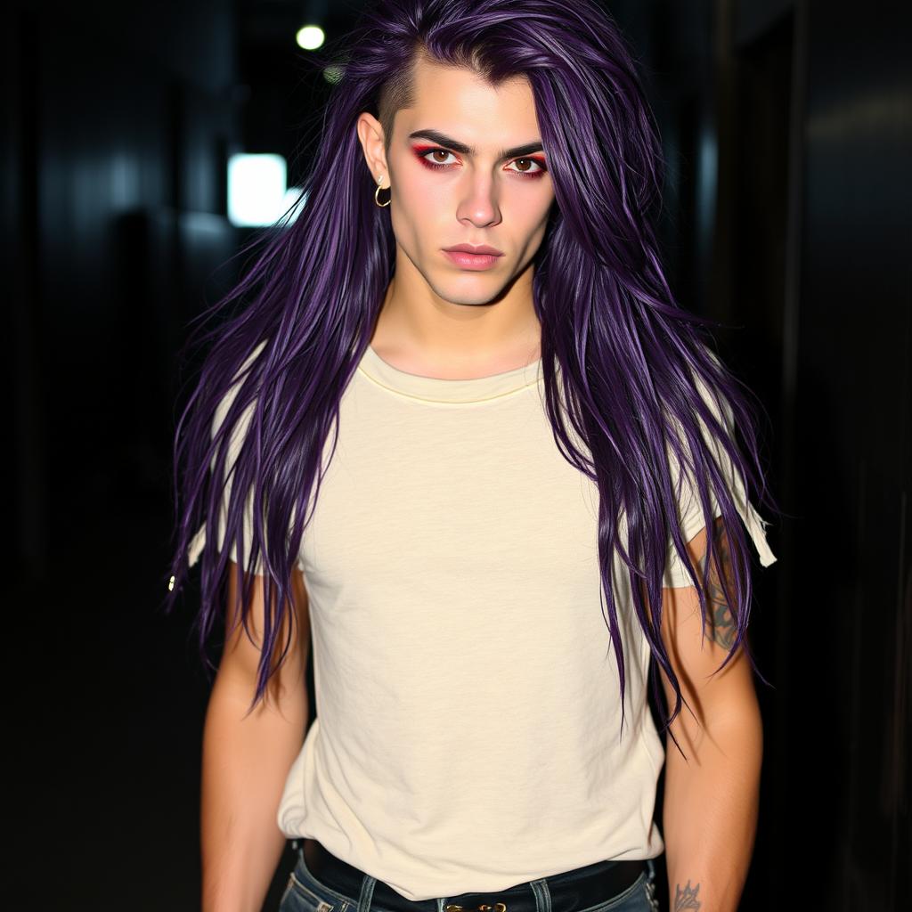 A striking male figure with fair skin and long, flowing purple hair that cascades down his shoulders