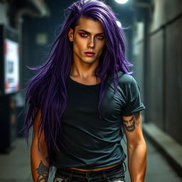 A striking male figure with fair skin and long, flowing purple hair that cascades down his shoulders