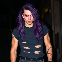 A striking male figure with fair skin and long, flowing purple hair that cascades down his shoulders