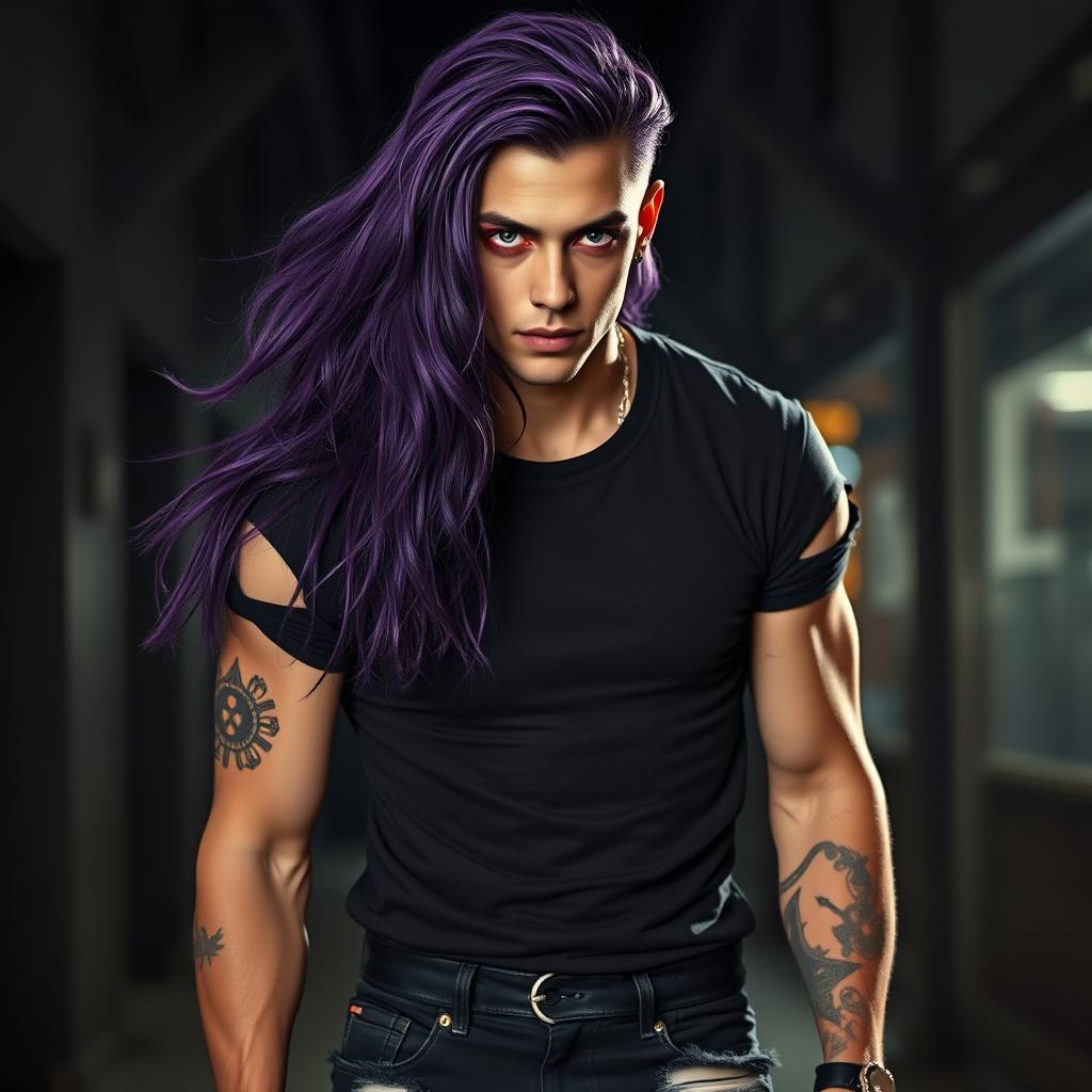 A striking male figure with fair skin and long, flowing purple hair that cascades down his shoulders