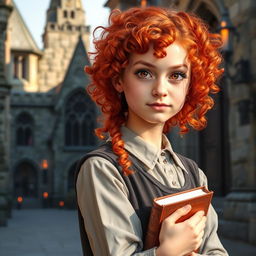 A thirteen-year-old girl with vibrant red curly hair and a freckled face stands proudly in her witch academy uniform