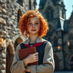 A thirteen-year-old girl with vibrant red curly hair and a freckled face stands proudly in her witch academy uniform