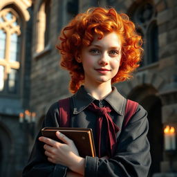 A thirteen-year-old girl with vibrant red curly hair and a freckled face stands proudly in her witch academy uniform