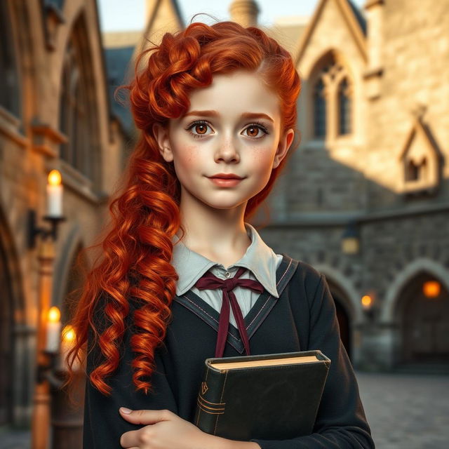 A thirteen-year-old girl with vibrant red curly hair and a freckled face stands proudly in her witch academy uniform