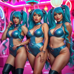 An imaginative scene featuring curvy women with large busts and voluptuous hips, dressed in stunning Miku cosplay while maintaining a sleek, fit appearance