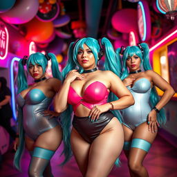 An imaginative scene featuring curvy women with large busts and voluptuous hips, dressed in stunning Miku cosplay while maintaining a sleek, fit appearance