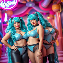 An imaginative scene featuring curvy women with large busts and voluptuous hips, dressed in stunning Miku cosplay while maintaining a sleek, fit appearance