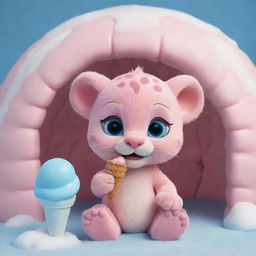 Cute baby Pink Panther with luminescent blue eyes delightfully eating ice cream inside a detailed igloo.