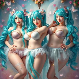 A fantasy-themed artwork featuring slim yet curvy women with large busts and voluptuous hips, embodying a tasteful interpretation of Miku cosplay