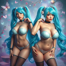 A fantasy-themed artwork featuring slim yet curvy women with large busts and voluptuous hips, embodying a tasteful interpretation of Miku cosplay