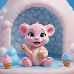 Cute baby Pink Panther with luminescent blue eyes delightfully eating ice cream inside a detailed igloo.