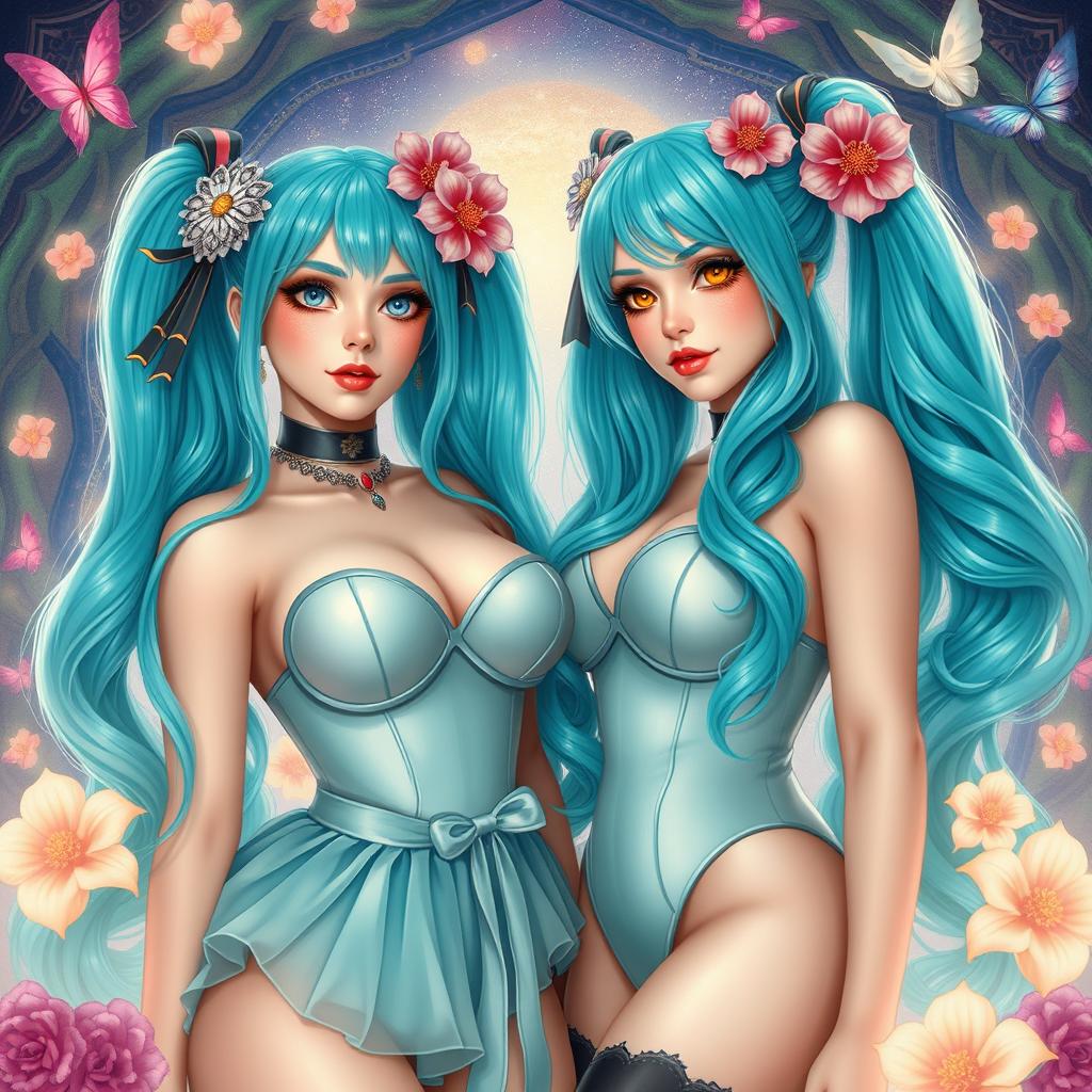 A fantasy-themed artwork featuring slim, curvy women with large busts and voluptuous hips portraying a tasteful interpretation of Miku cosplay