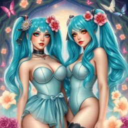 A fantasy-themed artwork featuring slim, curvy women with large busts and voluptuous hips portraying a tasteful interpretation of Miku cosplay