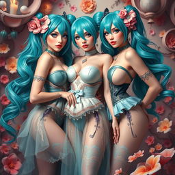 A fantasy-themed artwork featuring slim, curvy women with large busts and voluptuous hips portraying a tasteful interpretation of Miku cosplay