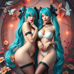 A fantasy-themed artwork featuring slim, curvy women with large busts and voluptuous hips portraying a tasteful interpretation of Miku cosplay