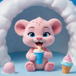 Cute baby Pink Panther with luminescent blue eyes delightfully eating ice cream inside a detailed igloo.