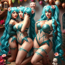 A fantasy-themed artwork featuring slim, curvy women with large busts and voluptuous hips, representing a tasteful interpretation of Miku cosplay