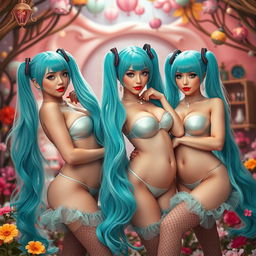 A fantasy-themed artwork featuring slim, curvy women with large busts and voluptuous hips, representing a tasteful interpretation of Miku cosplay