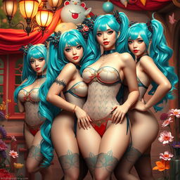 A fantasy-themed artwork featuring slim, curvy women with large busts and voluptuous hips, representing a tasteful interpretation of Miku cosplay