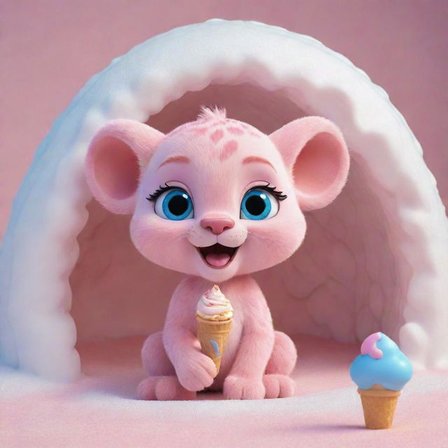 Cute baby Pink Panther with luminescent blue eyes delightfully eating ice cream inside a detailed igloo.