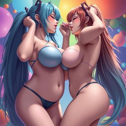 Two women with voluptuous bodies, featuring large breasts and curvy hips, engaging in intimate acts while cosplaying as Miku from the popular anime