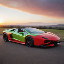 A stunning sports car, gleaming in vivid red, alongside a sleek Lamborghini in an electrifying lime green, both parked under the glow of a setting sun.