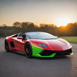 A stunning sports car, gleaming in vivid red, alongside a sleek Lamborghini in an electrifying lime green, both parked under the glow of a setting sun.