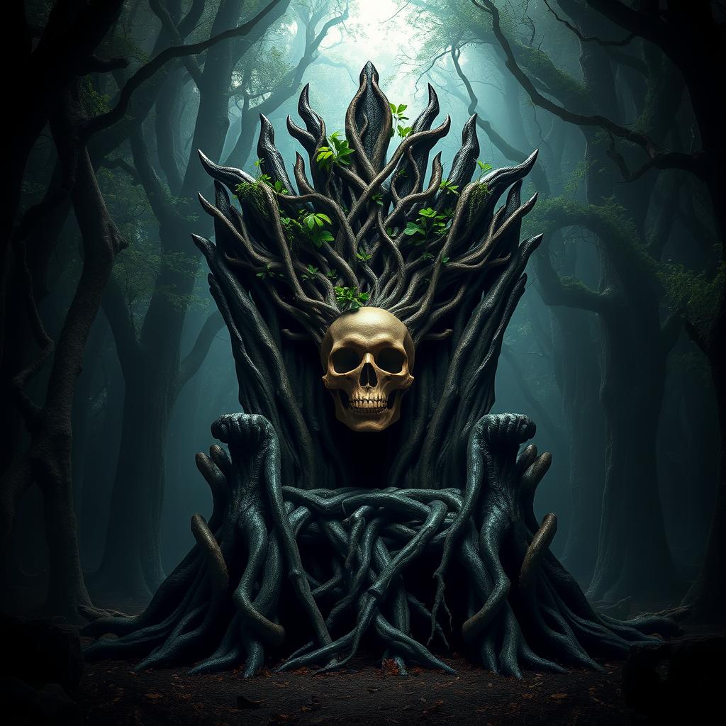 A majestic throne crafted from intertwined tree trunks, situated in the heart of a dark, mystical forest