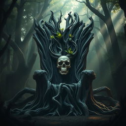 A majestic throne crafted from intertwined tree trunks, situated in the heart of a dark, mystical forest
